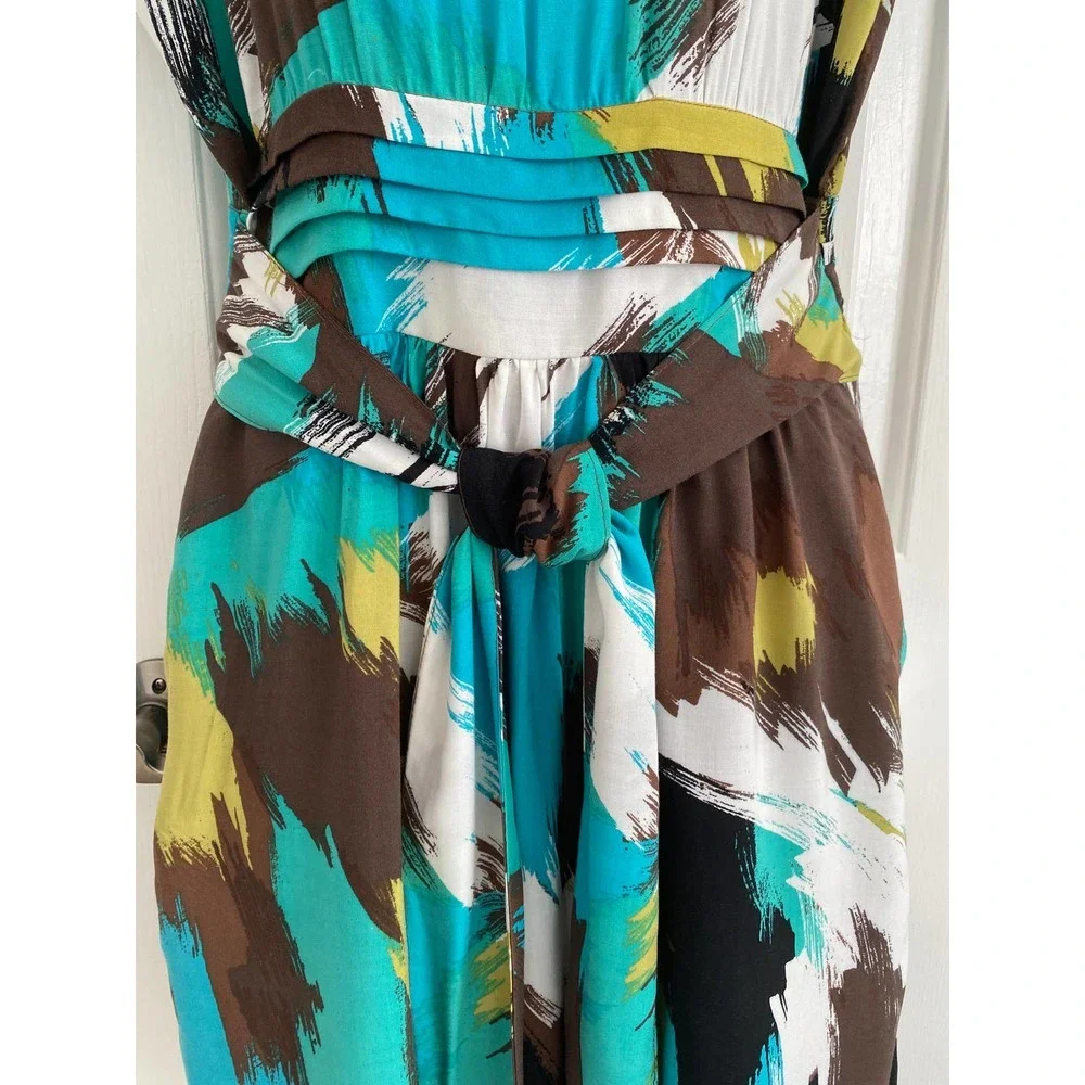 Boutique Dress With Self Tie Sash Large Colorful Abstract Design NWOT - Picture 4 of 10